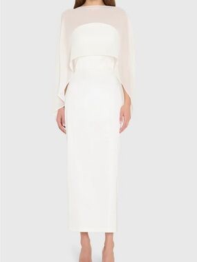 NWT Amanda Uprichard White Satin Strapless Midi Dress with Chiffon Cape
